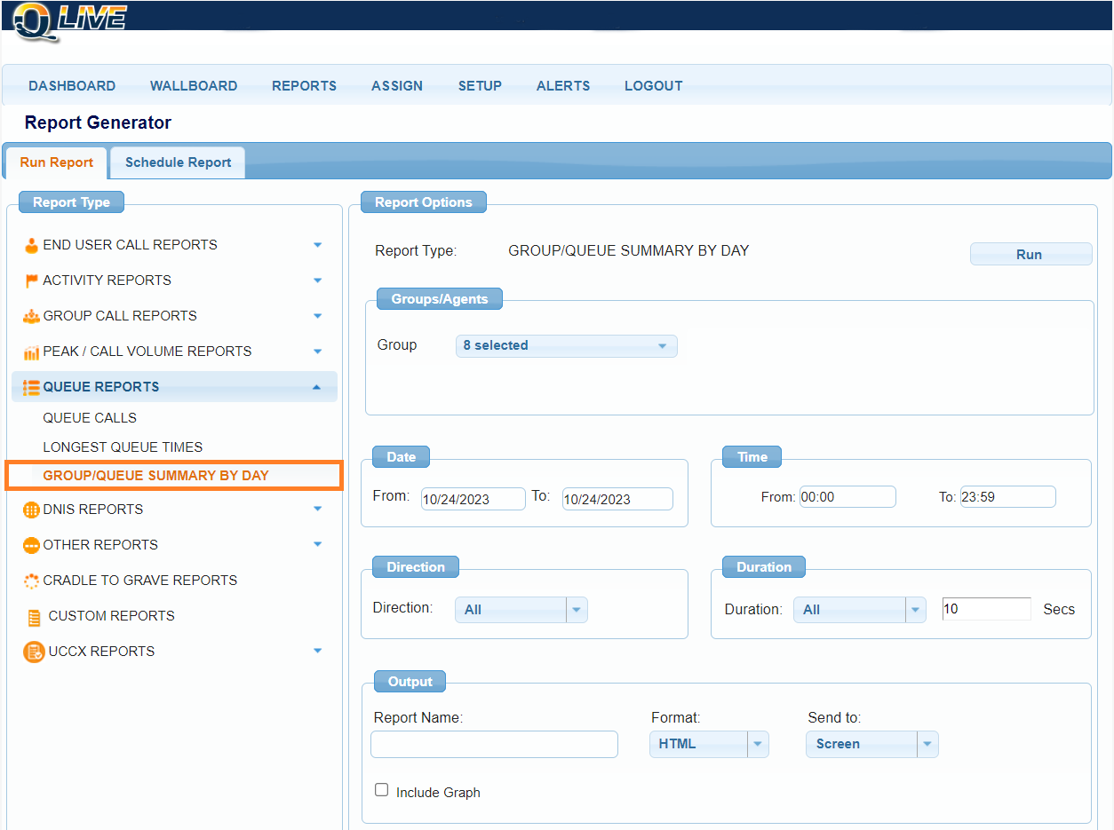 qlive screenshot showing csq report options