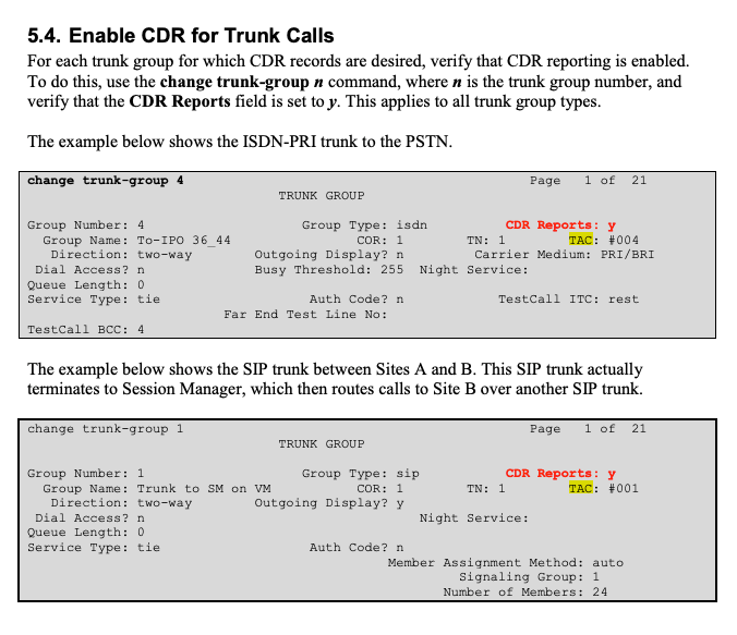 Diagram showing an example of enabled TAC codes in the Avaya Call Manager CDR