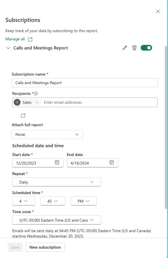 screenshot showing the scheduling report send options