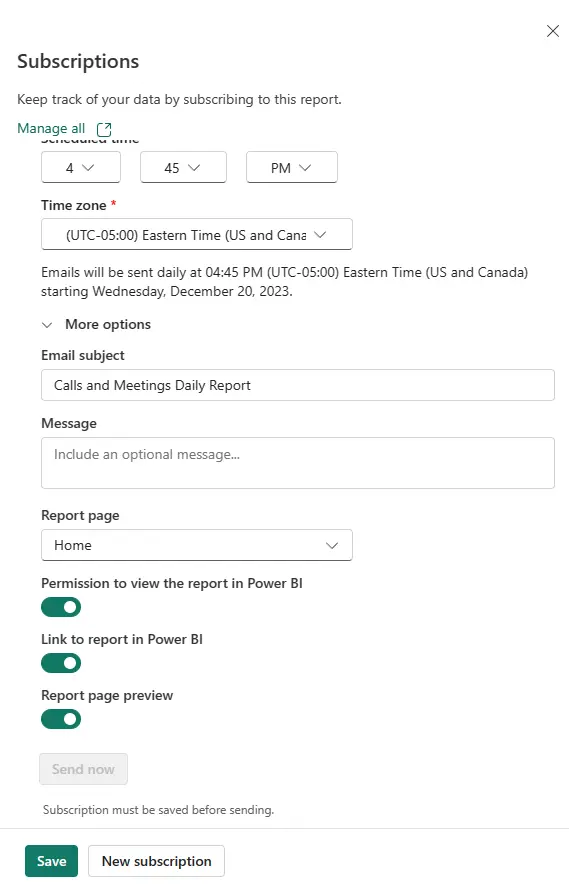 expoxt screenshot of additional report sending options