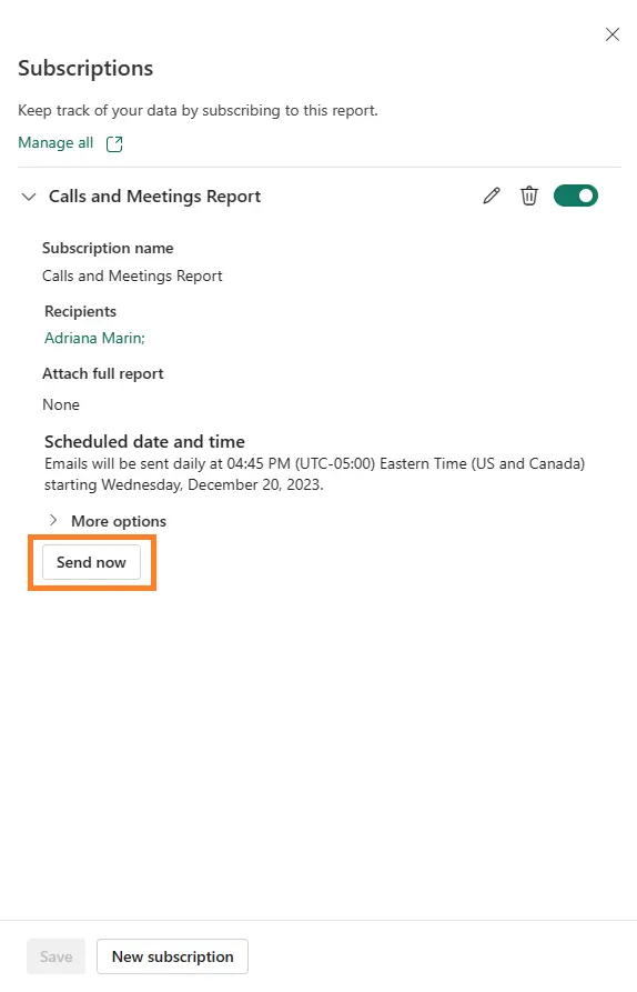 expoxt screenshot of additional report sending options