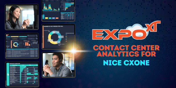 Expo XT Contact Center Analytics banner showing contact center screenshots of agents and software