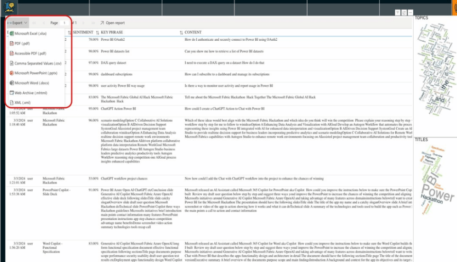 screenshot of how to export AI Analytics Reports